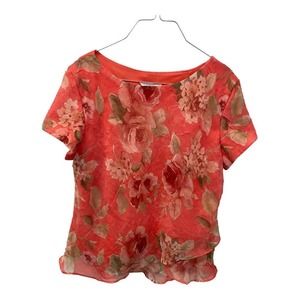 VINTAGE Miss Dorby Top Blouse 16 Floral Pattern Round Neck Short Sleeve Rose